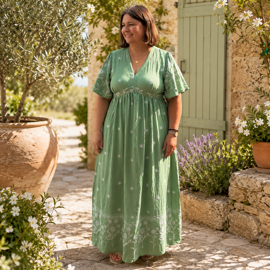Robe Soline grande taille disponible du L au 4XL (42 au 50). Robe longue vert sauge à broderies blanches, coupe empire et matière fluide, idéale pour un look bohème élégant tout l’été.